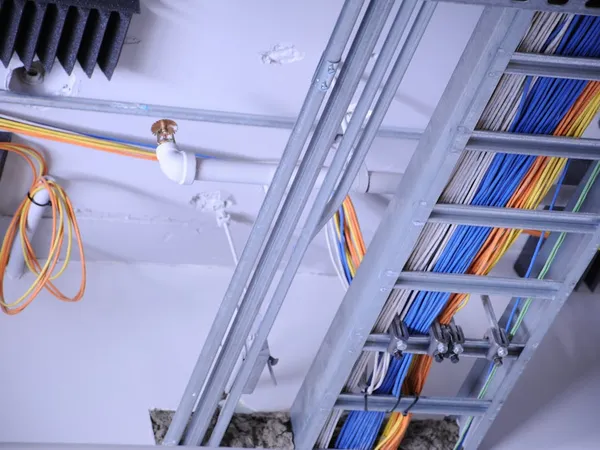 Overhead cable tray and conduit on a commercial fit-out wired by AMEX Electrical