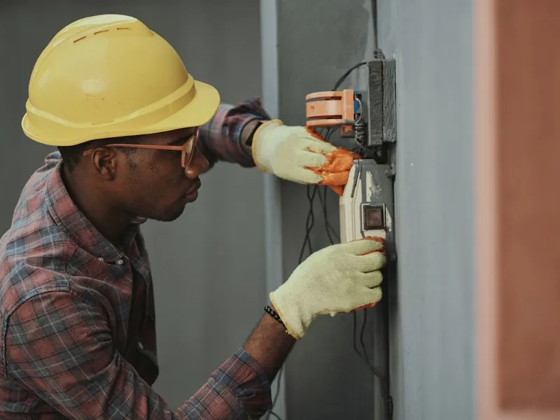 Licensed AMEX electrician in PPE wiring an electrical box on a job site