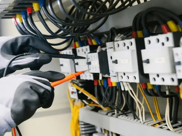 AMEX electrician testing an electrical panel with a multimeter during a safety check